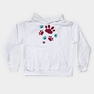 Inverted red and turquoise cat pawprints Kids Hoodie